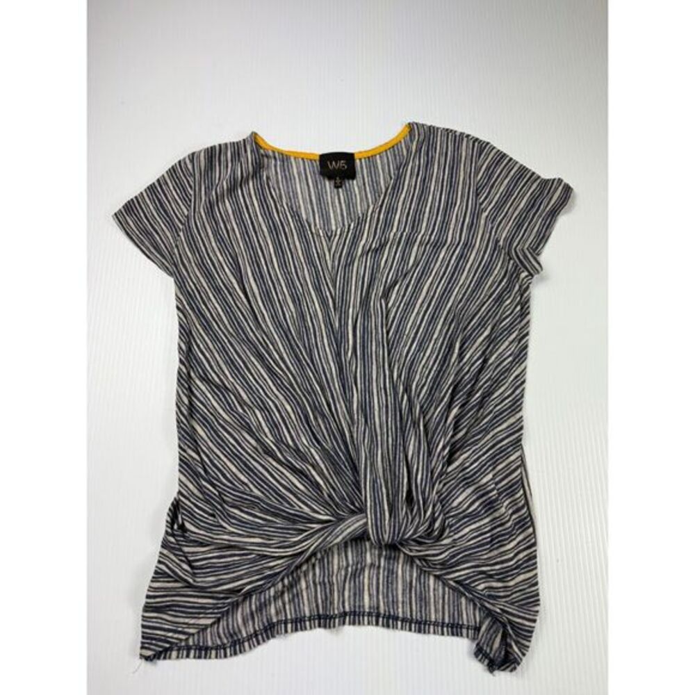 W5 Black & White Striped Gathered Front Top with Yellow Trim Size S